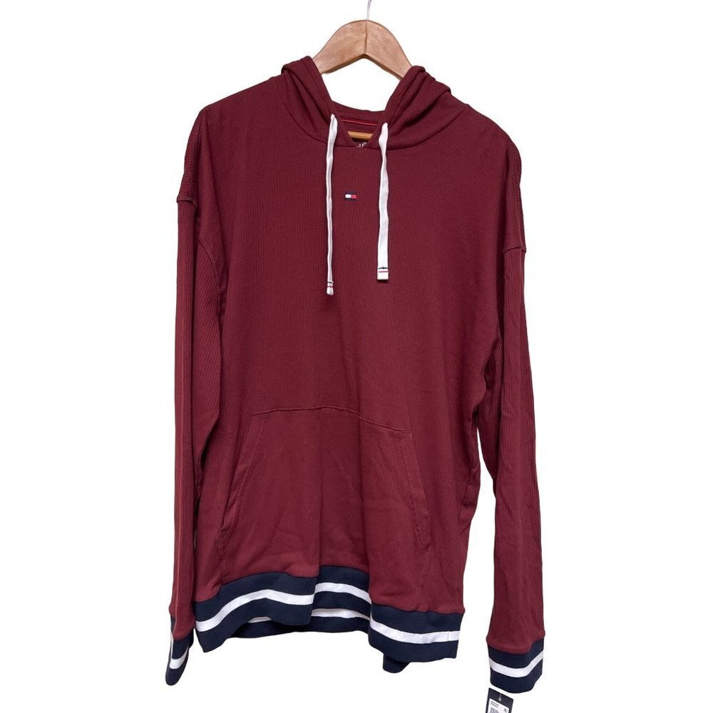 New! Tommy Hilfiger Ribbed Pull Over Lounge Hoodie Cabernet Red Men's Large